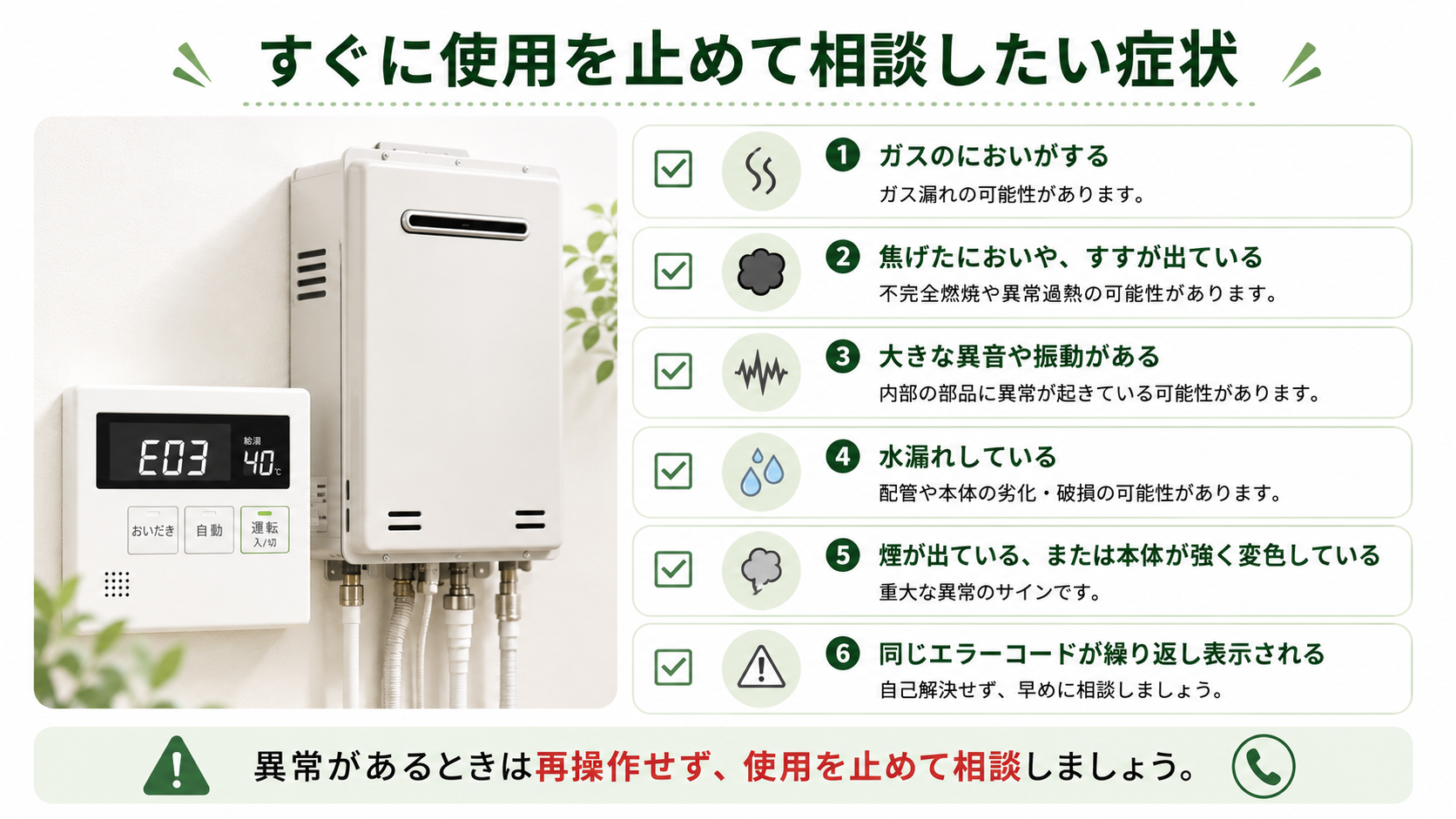 給湯器の使用を止めて相談したい症状