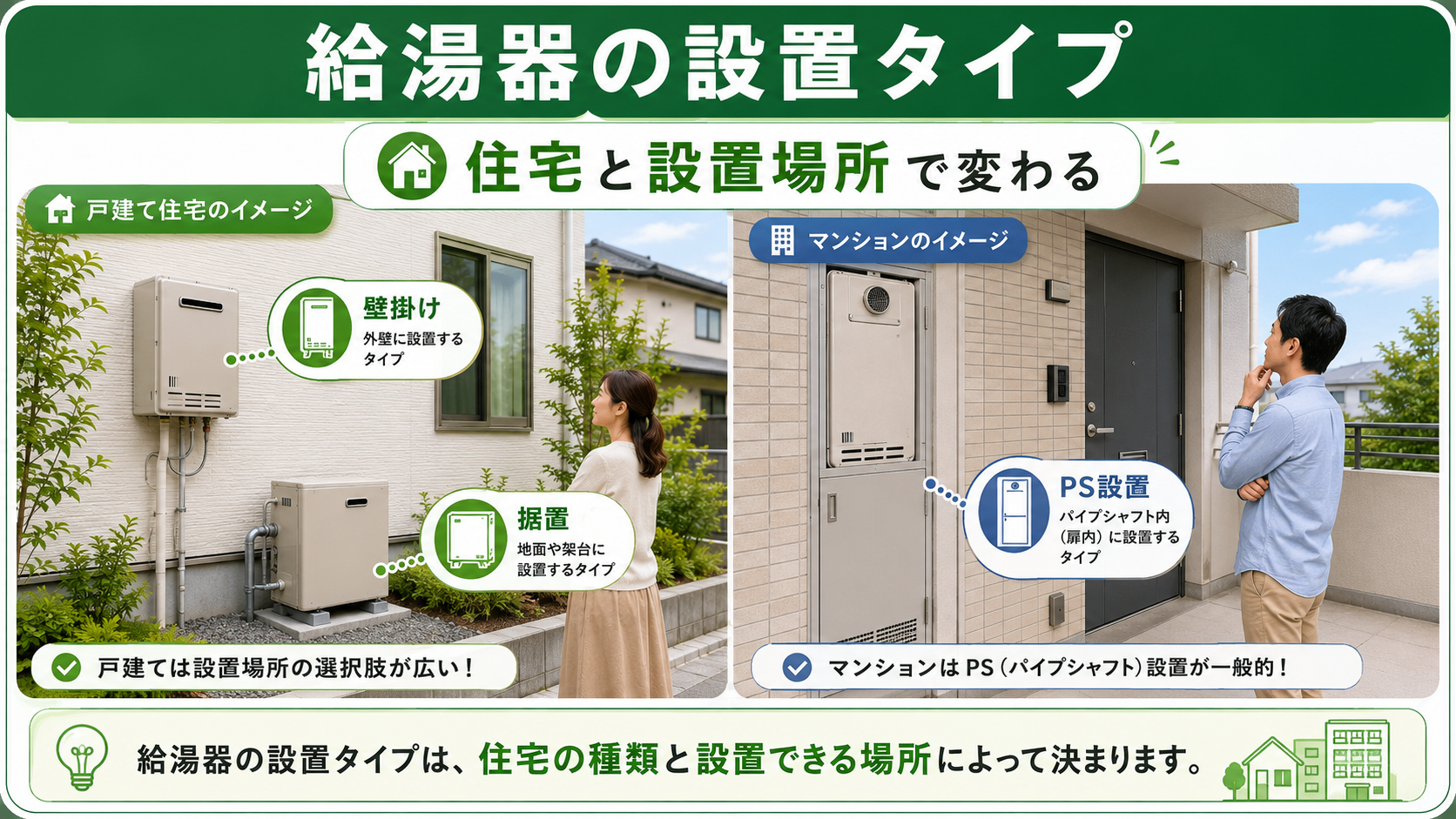 戸建てとマンションで異なる給湯器の設置タイプ
