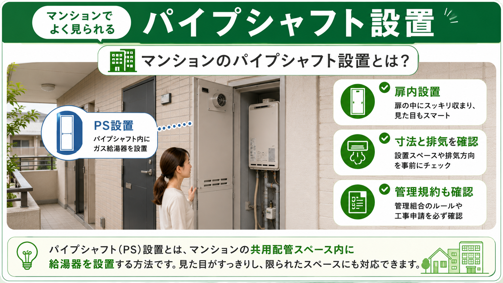 マンションのパイプシャフト内に設置された給湯器