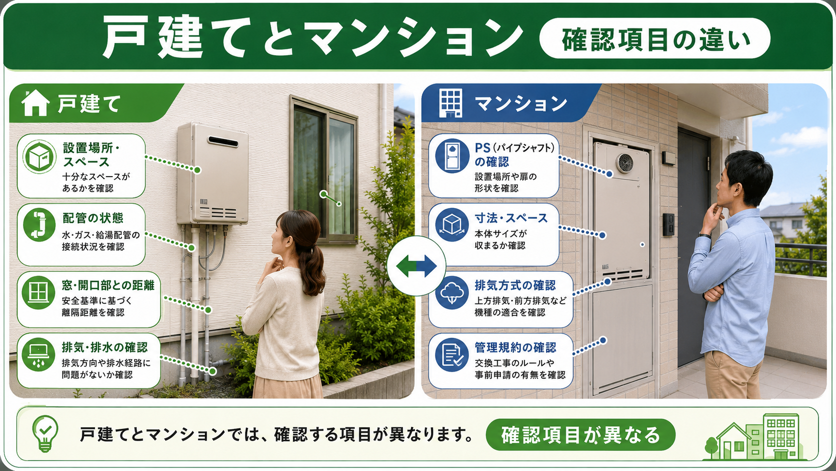 戸建てとマンションで異なる給湯器交換の確認項目