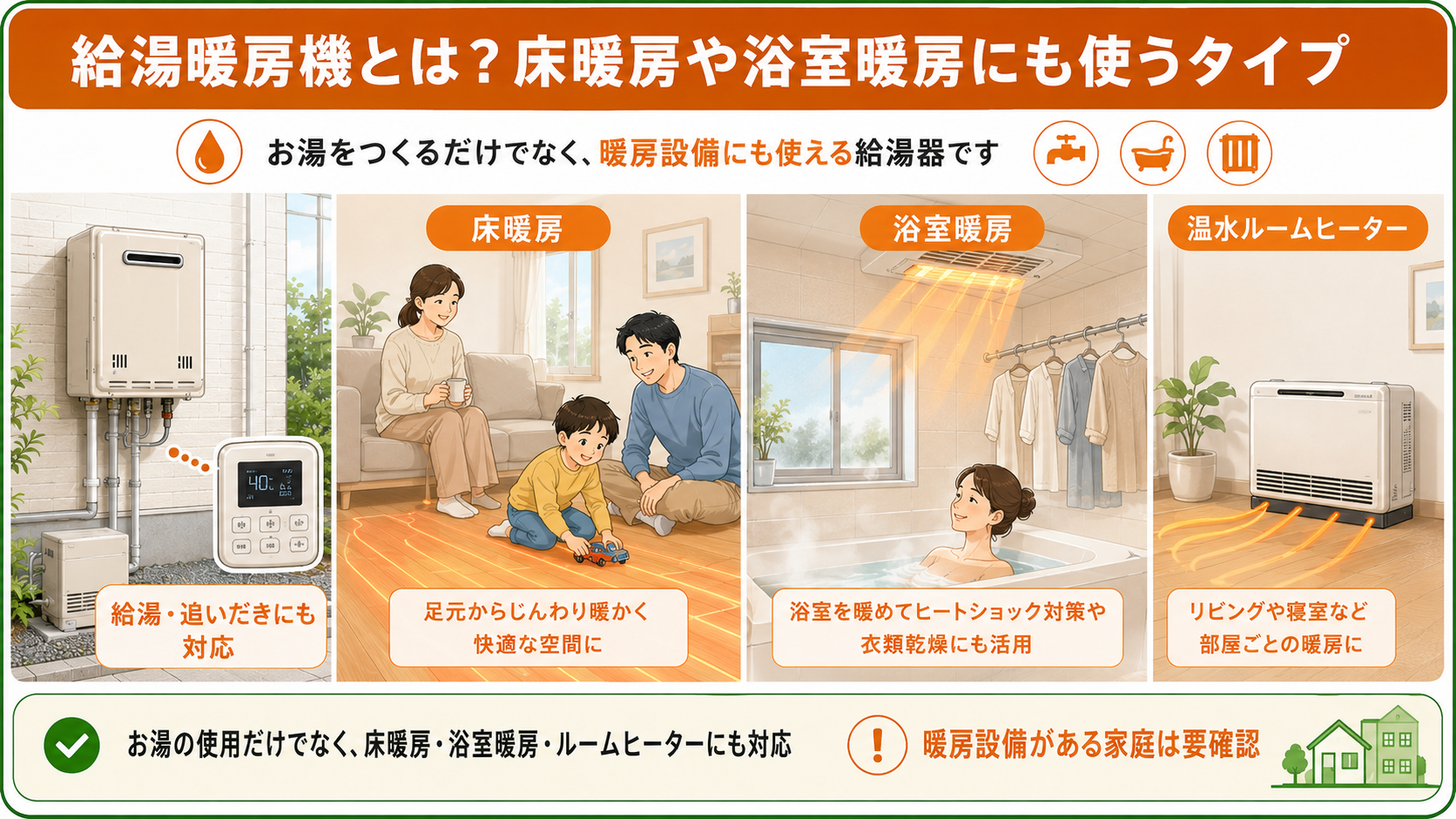 給湯暖房機で使える床暖房・浴室暖房・温水ルームヒーター
