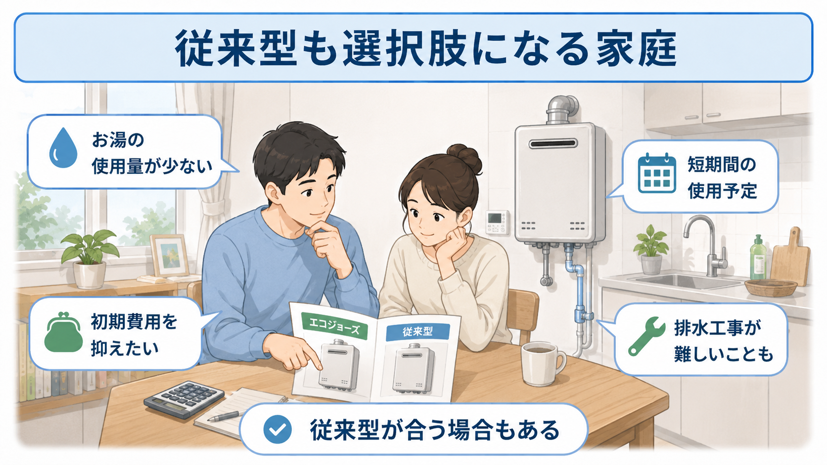 お湯の使用量や居住期間など従来型も選択肢になる家庭