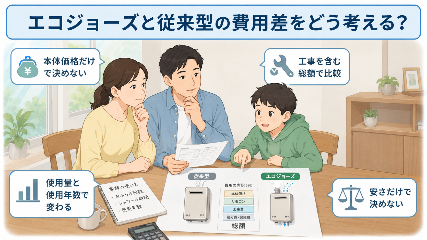 エコジョーズと従来型を本体価格だけでなく工事を含む総額で比較する家庭