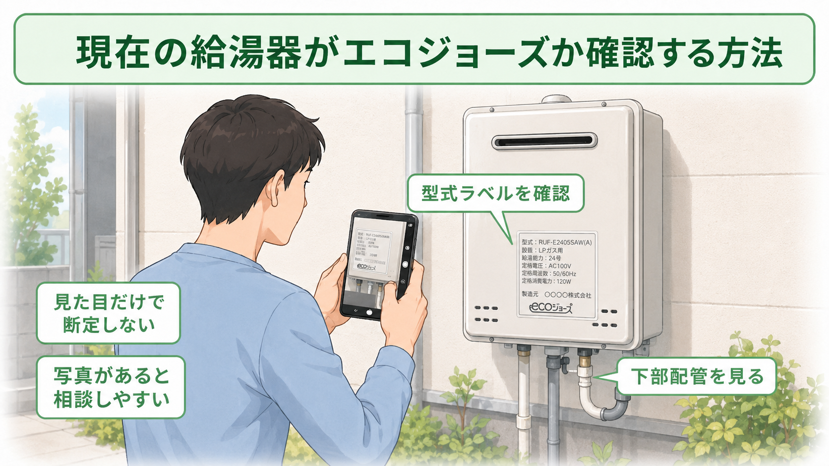 給湯器の型式ラベルと下部配管を写真で確認する方法