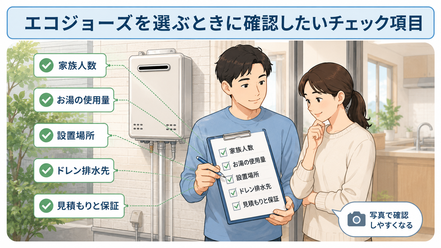 エコジョーズ選びで確認したい家族人数や使用量や設置場所のチェック項目