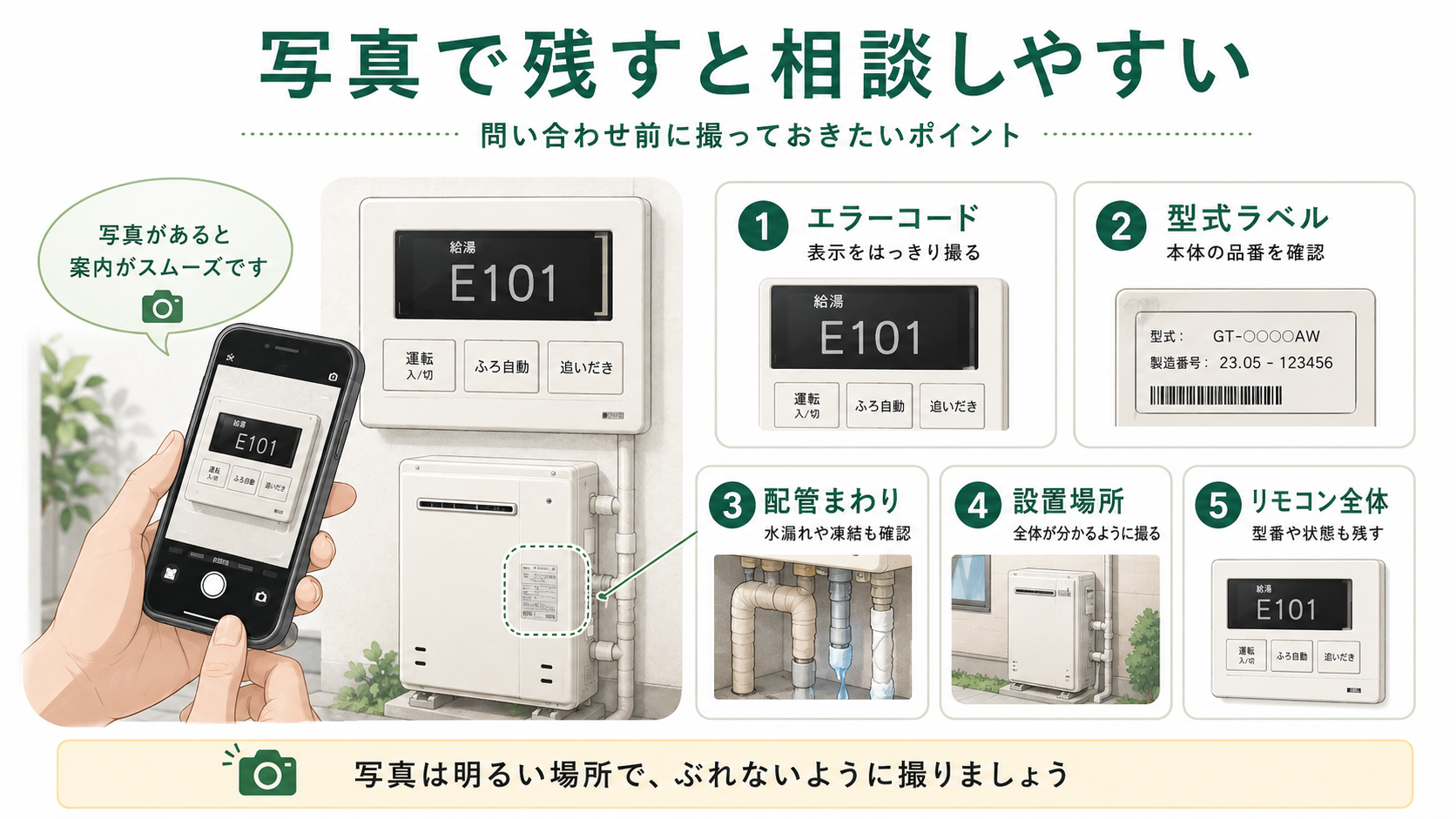 給湯器リモコンのエラーコードと型式ラベルを写真で残す案内