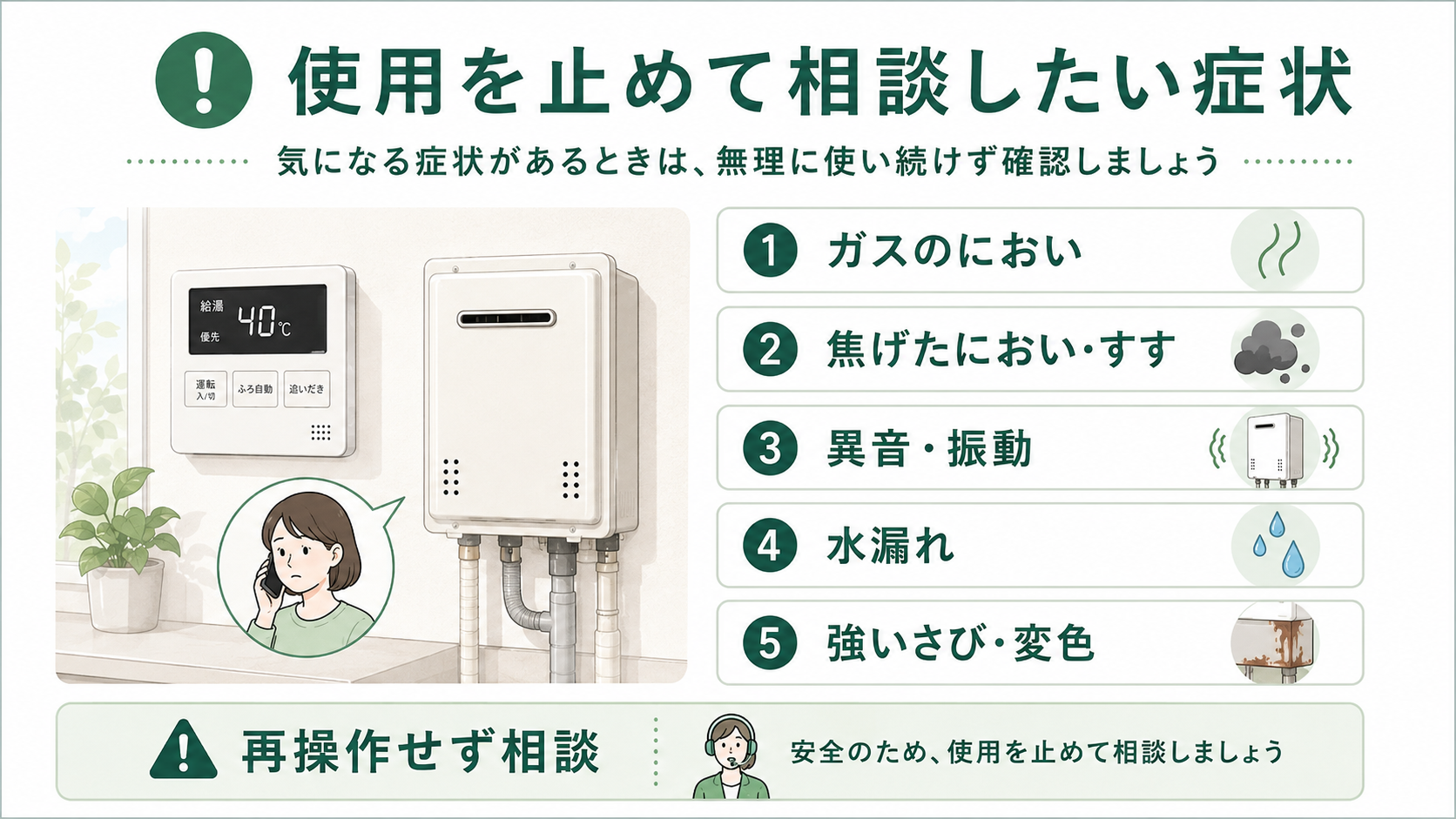 給湯器の使用を止めて相談したいガスのにおいや水漏れなどの症状