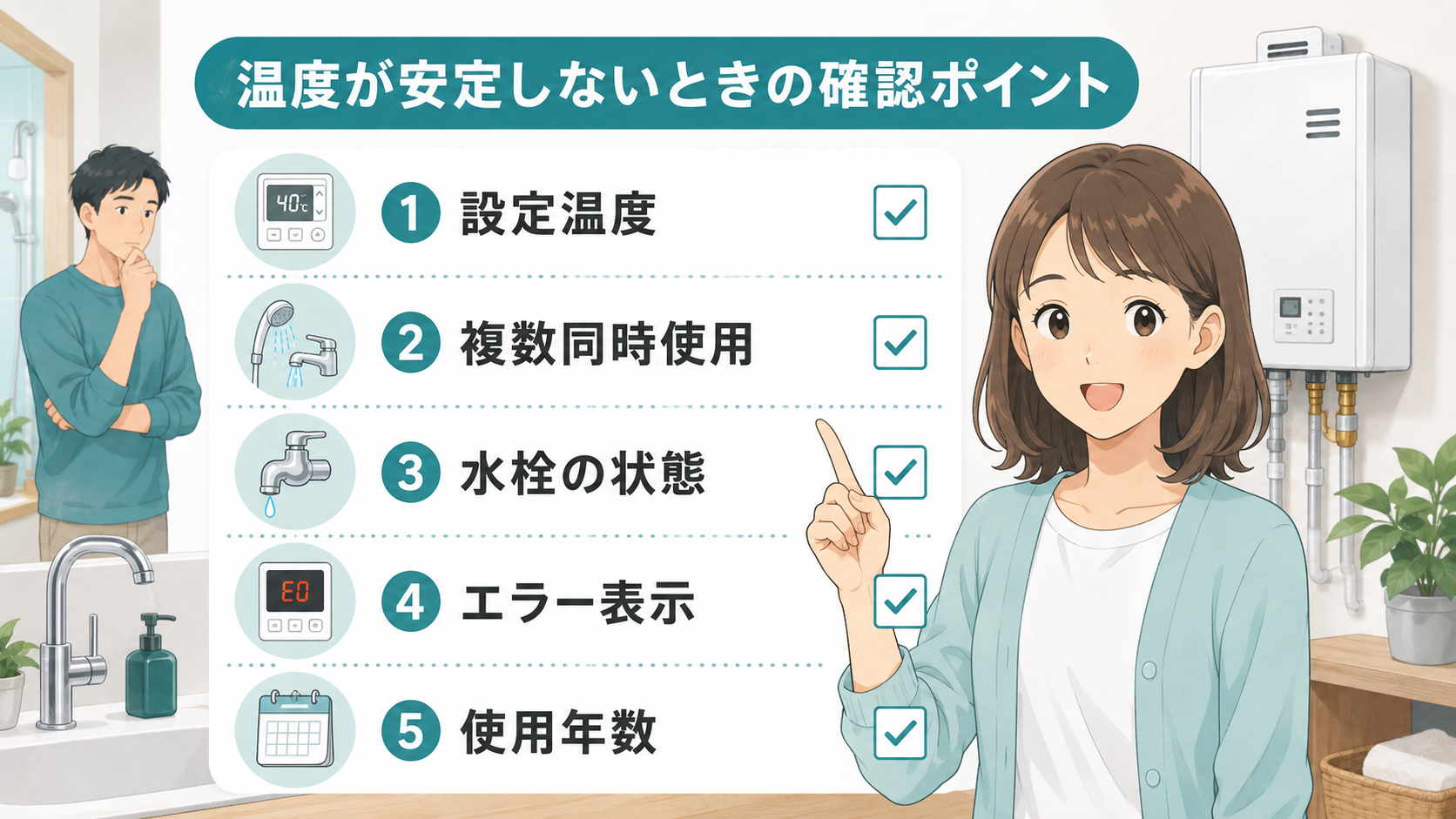 お湯の温度が安定しないときに設定温度・同時使用・水栓・エラー・使用年数を確認するチェックリスト