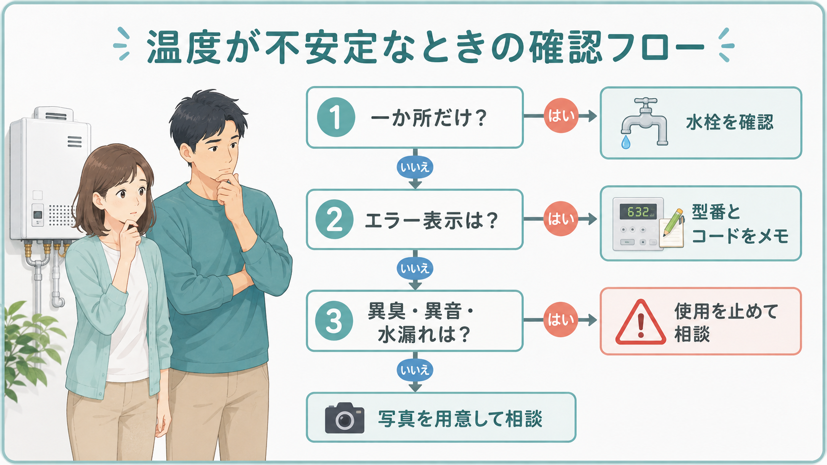 温度が不安定なときに一か所だけか、エラー表示や異臭・異音・水漏れがあるかを確認するフロー