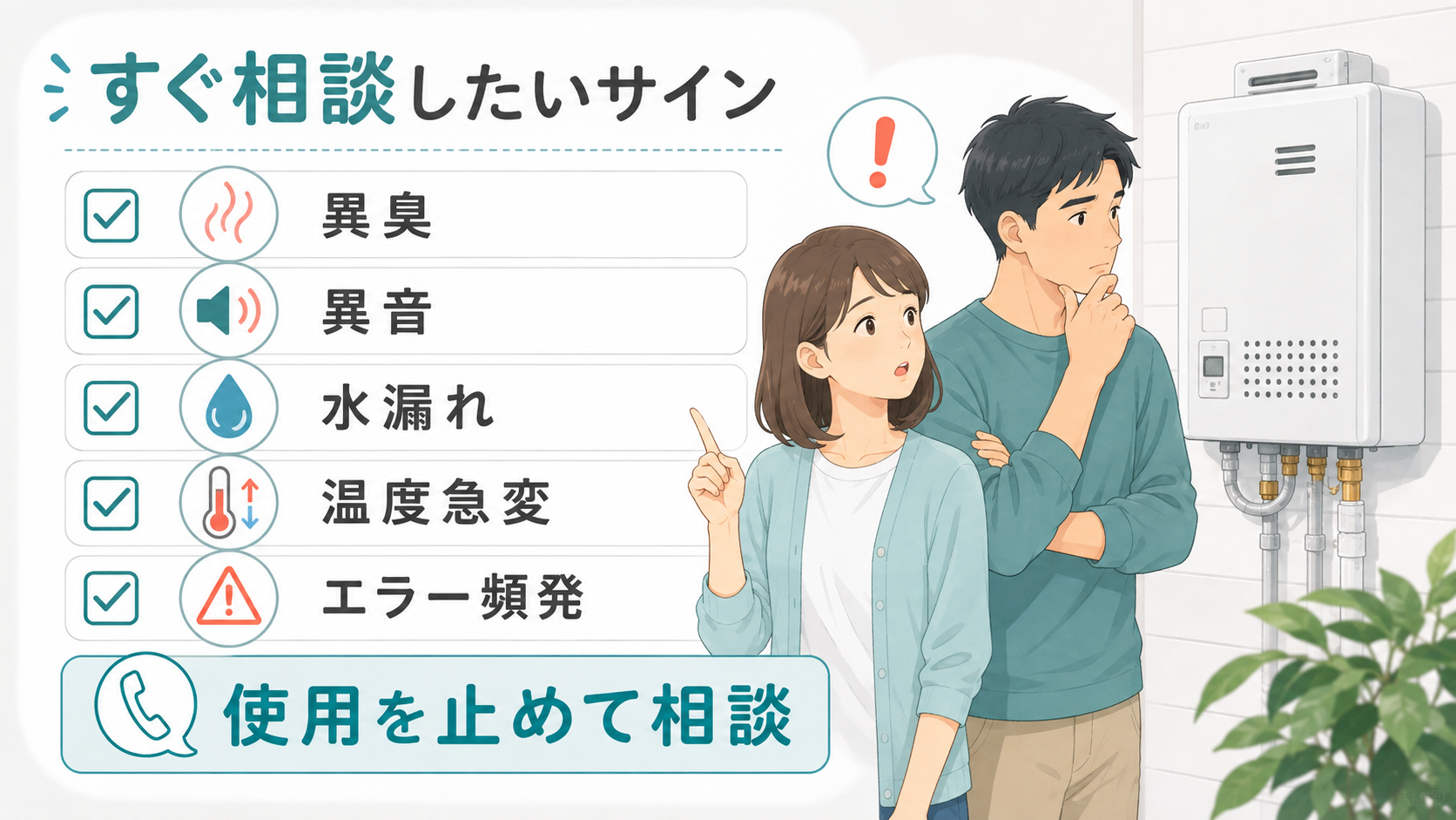 異臭・異音・水漏れ・温度急変・エラー頻発など、使用を止めて相談したいサイン
