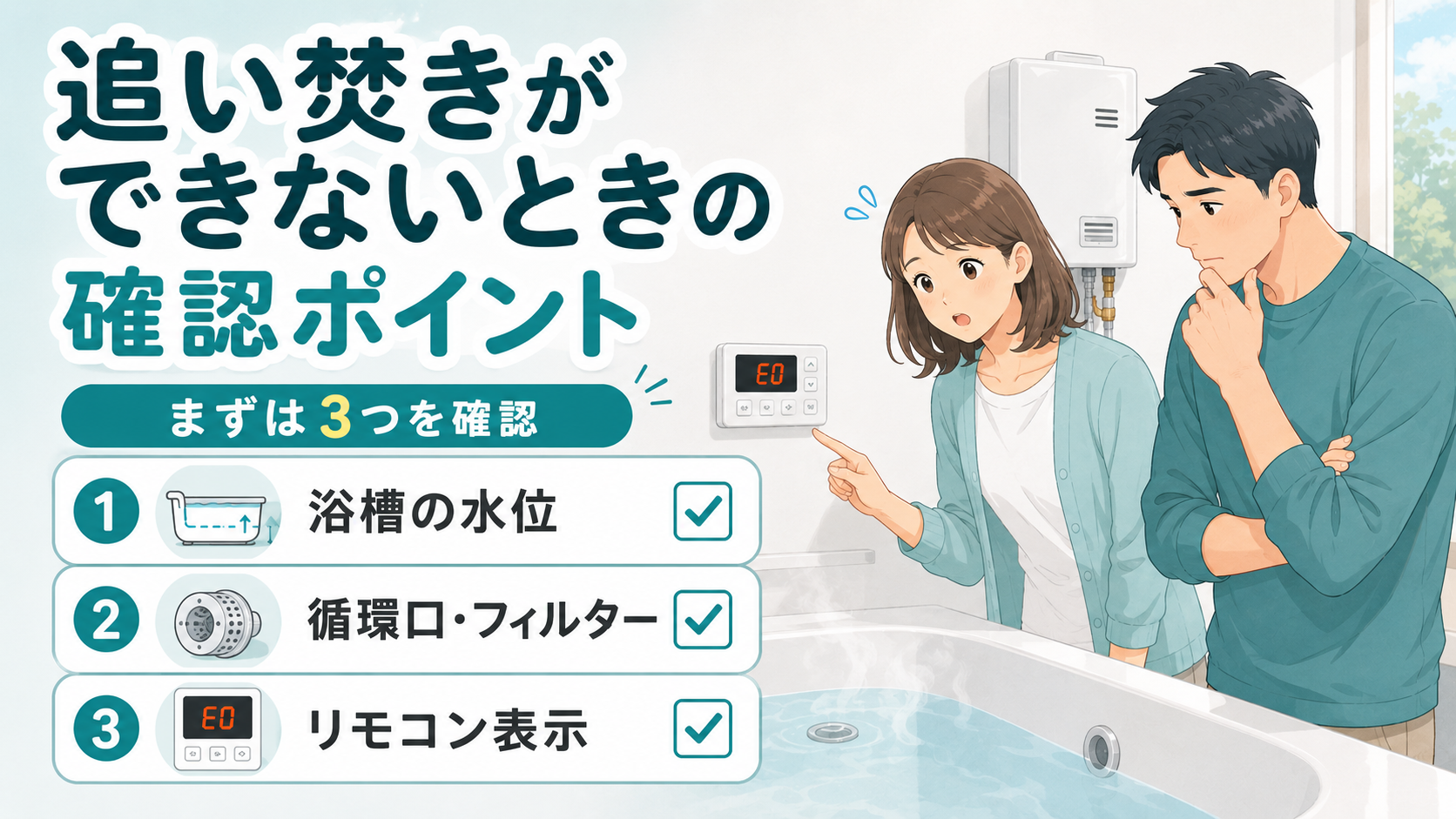 追いだきできないときに浴槽の水位や循環口フィルター、リモコン表示を確認する
