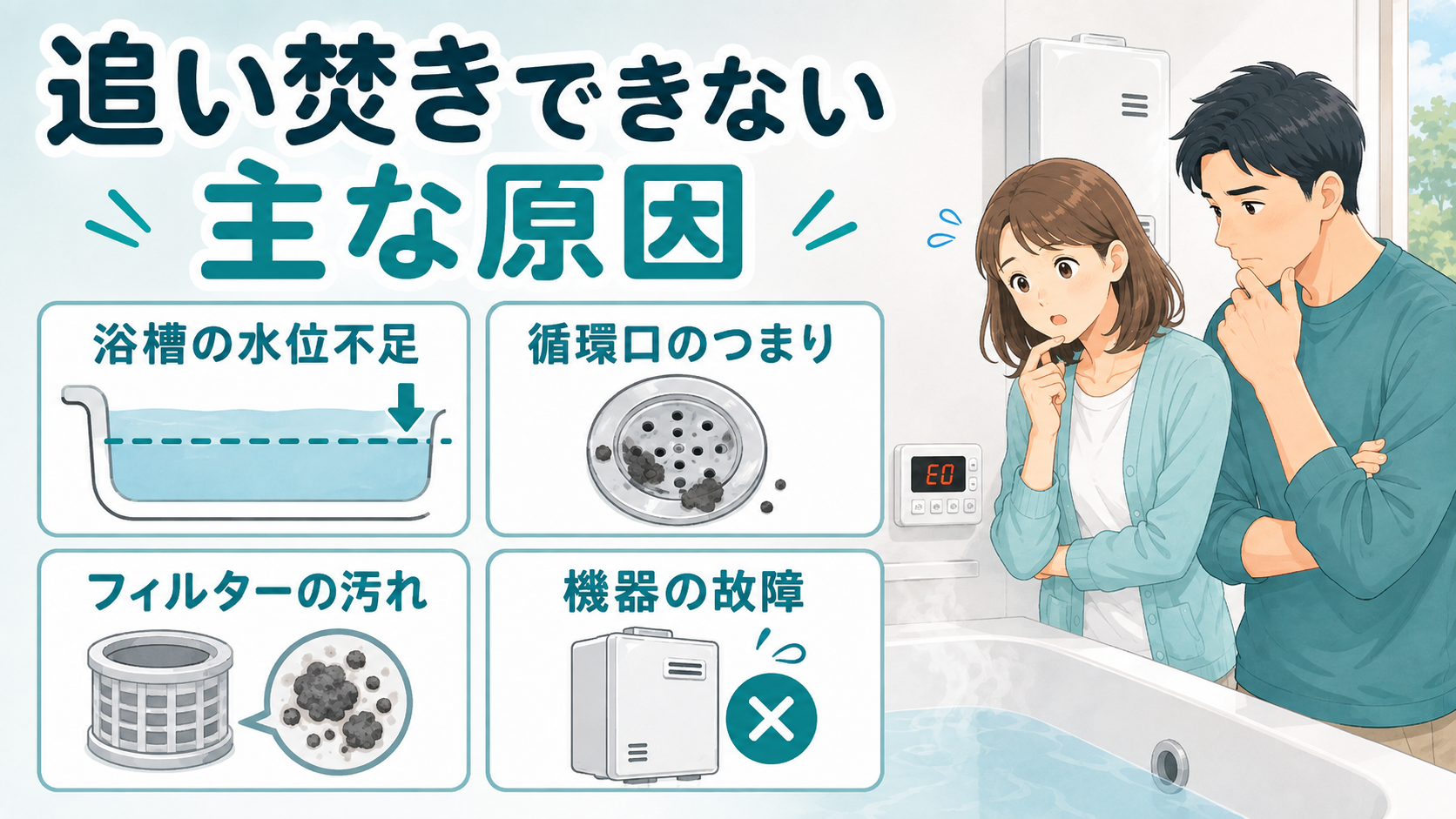 追いだきできない主な原因として浴槽の水位不足や循環口のつまりなどを確認する