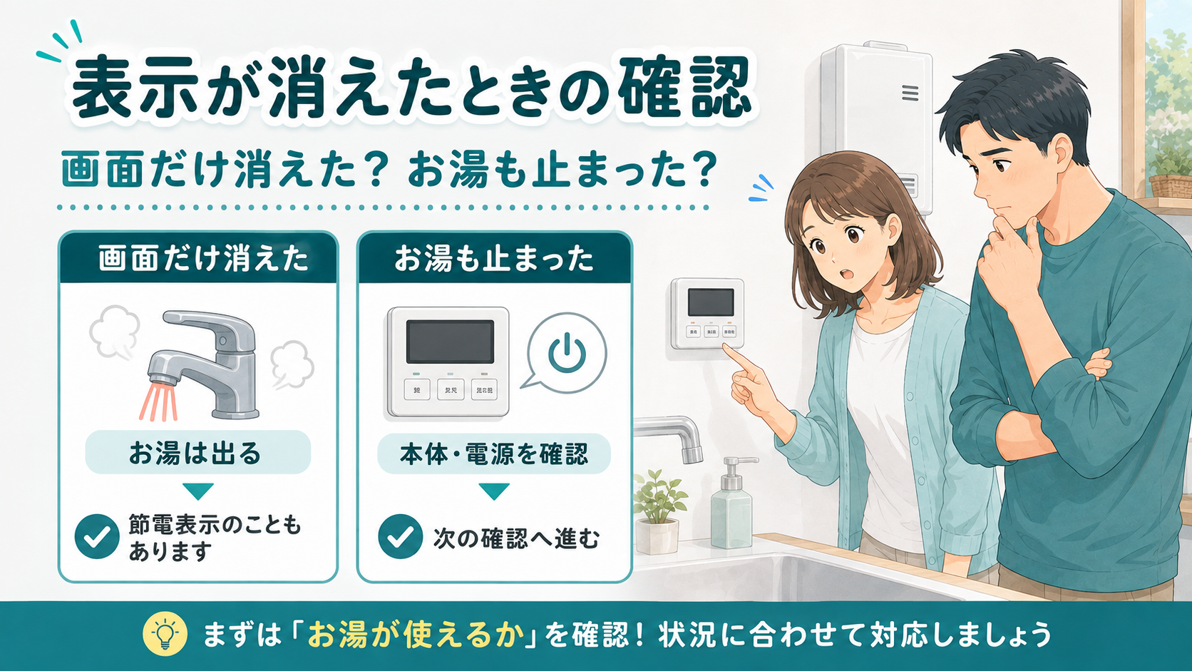 給湯器リモコンの表示が消えたときに画面だけかお湯も止まったかを確認する