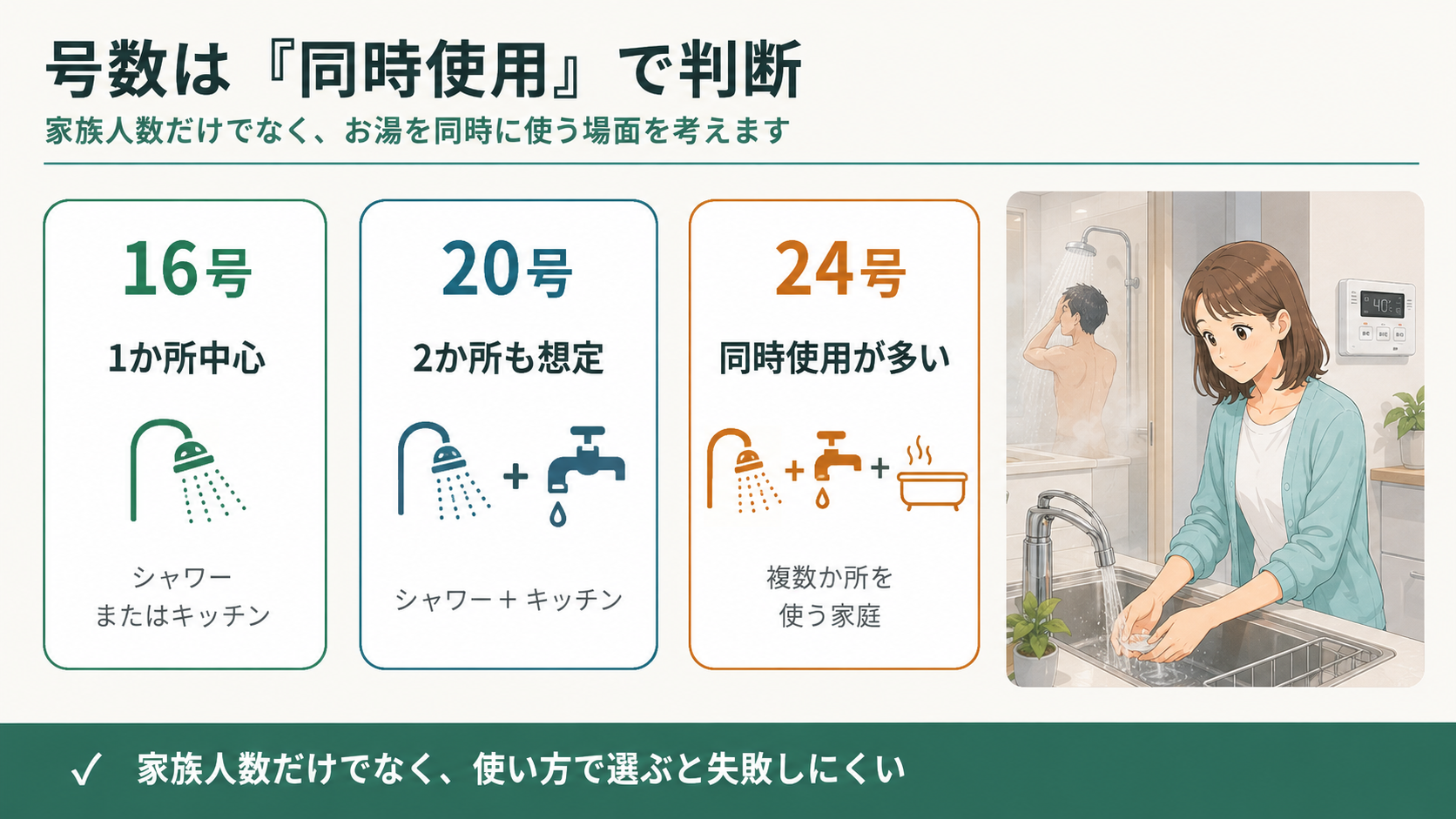 16号・20号・24号の給湯器をお湯の同時使用状況から判断する目安