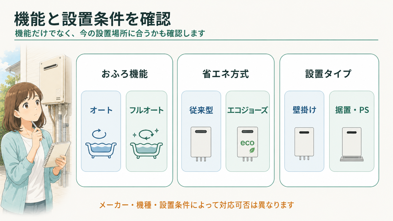 給湯器交換前にオート・フルオート・エコジョーズ・設置タイプなどの条件を確認する