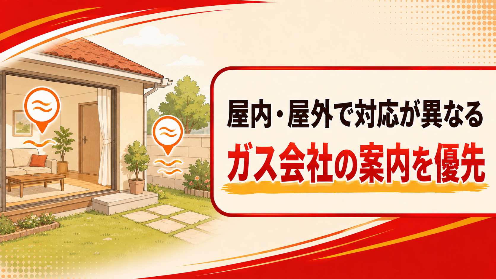 ガス臭がするときの屋内と屋外で異なる安全対応を示す図解