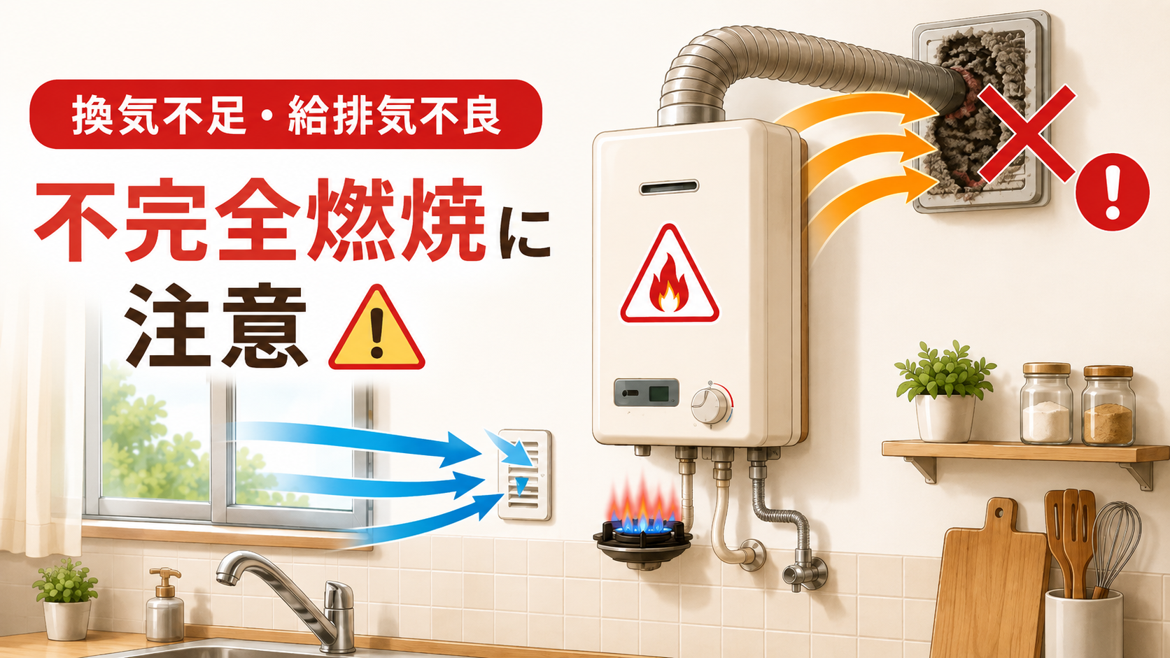 換気不足や給排気不良による不完全燃焼に注意する安全図解