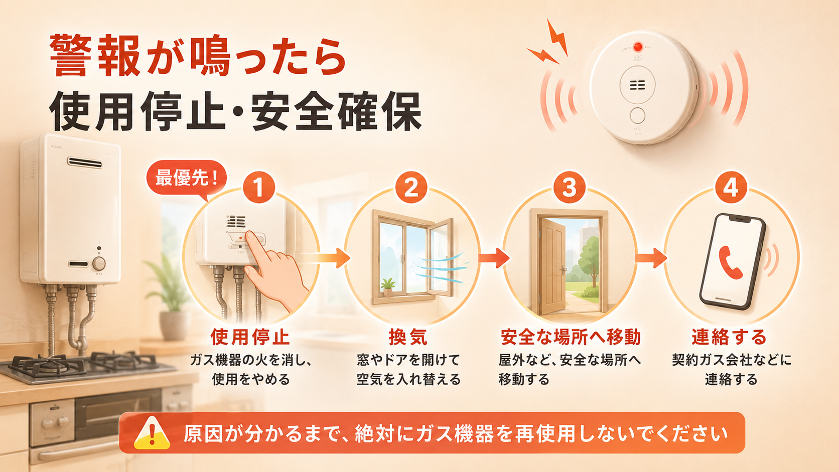 CO警報器が鳴ったときにガス機器の使用を停止して安全を確保する流れ