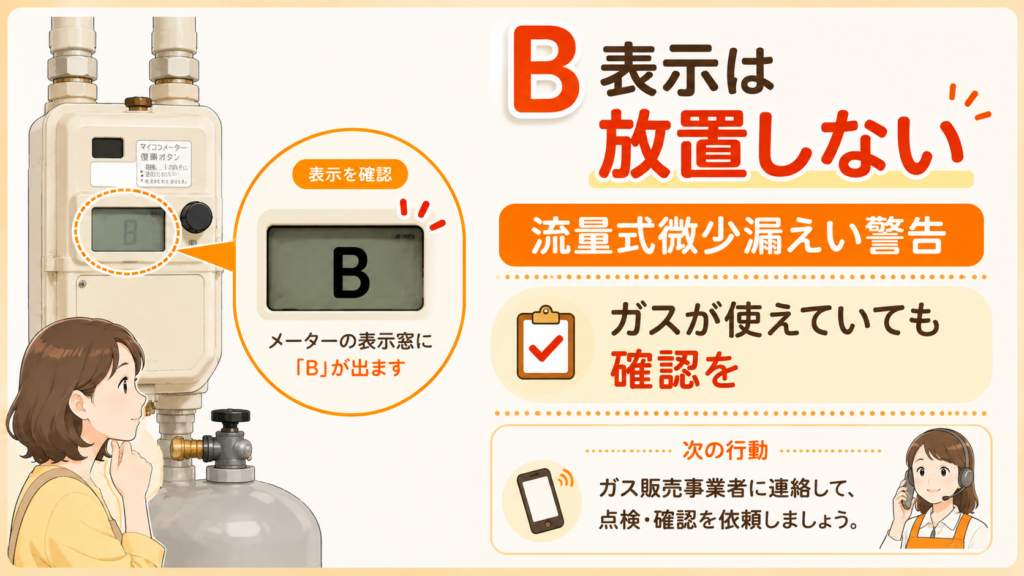 プロパンガスメーターのB表示と流量式微少漏えい警告