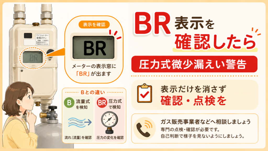 プロパンガスメーターのBR表示と圧力式微少漏えい警告