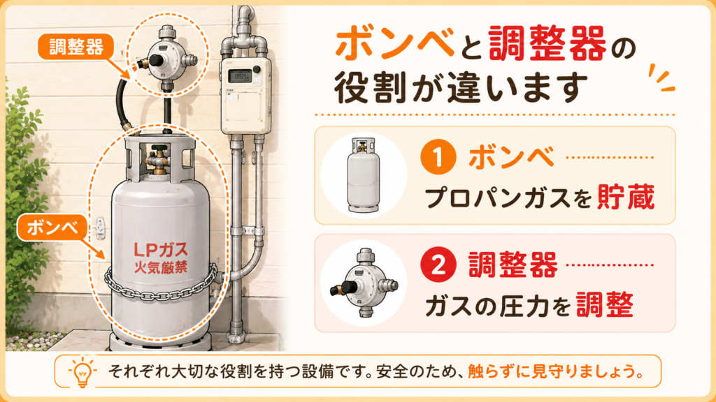 プロパンガスのボンベ・調整器・ガスメーターの役割を説明する図