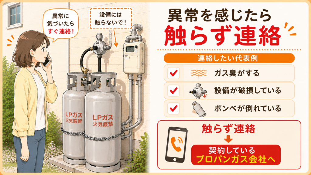 プロパンガスのボンベや調整器に異常を感じたときの連絡判断を説明する図