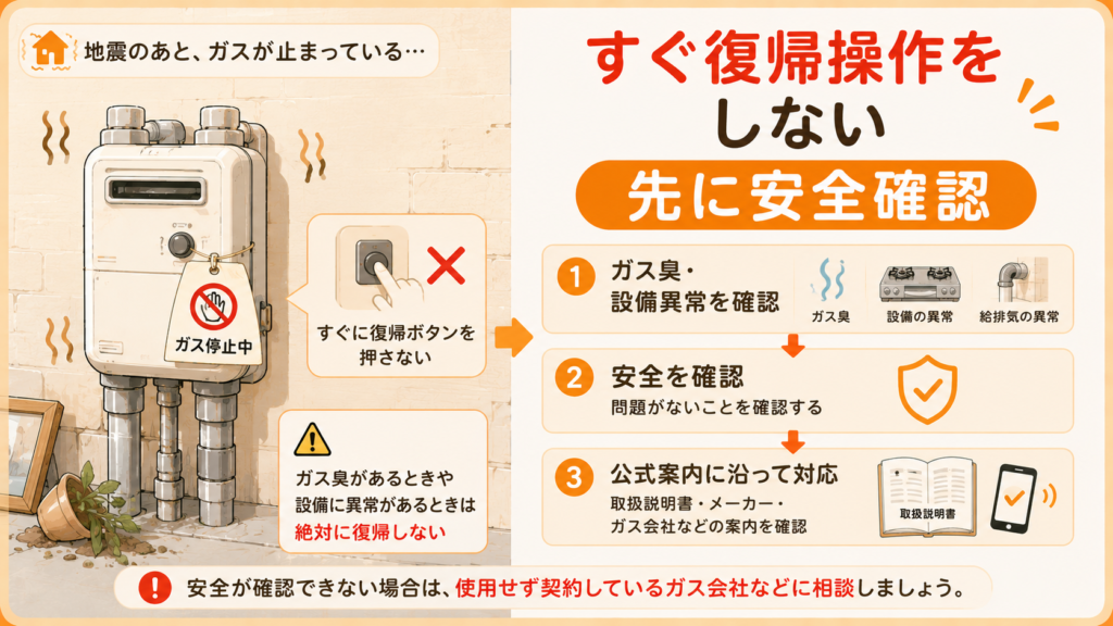 地震後はガスメーターをすぐ復帰せず先に安全確認することを示す図