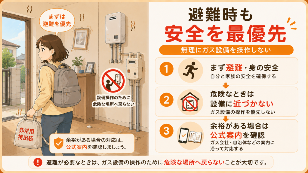 地震や災害で避難するときは安全を最優先することを示す図