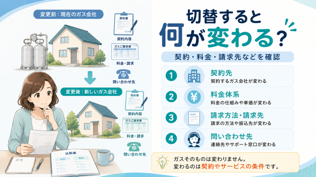 プロパンガス会社を切替すると変わる料金・契約・問い合わせ先を説明する図
