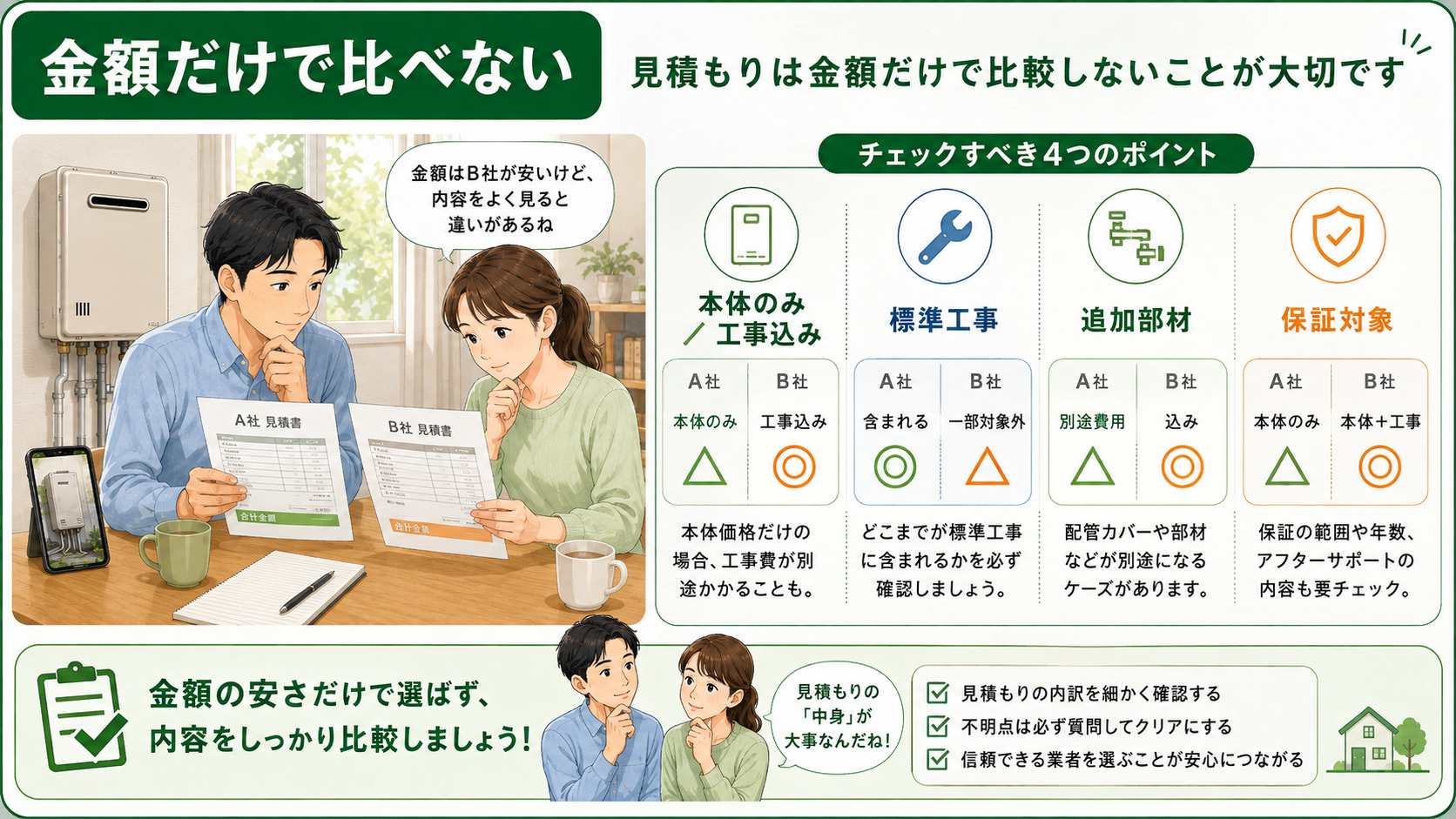 給湯器交換の見積もりを金額以外も比較するポイント