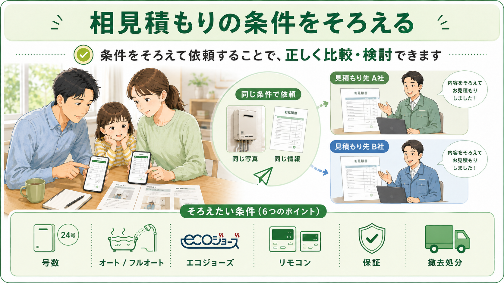 同じ条件で給湯器交換の相見積もりを比較する方法