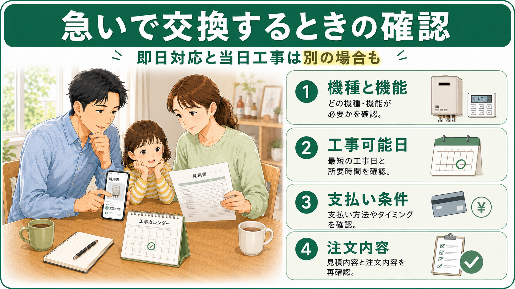 急いで給湯器を交換するときに確認したい機種・工事日・支払い条件・注文内容