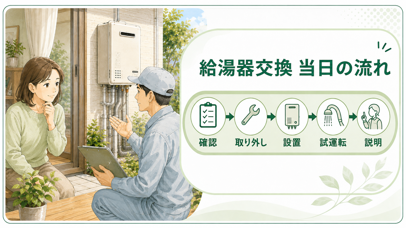 確認から取り外し設置試運転説明までの給湯器交換当日の流れ