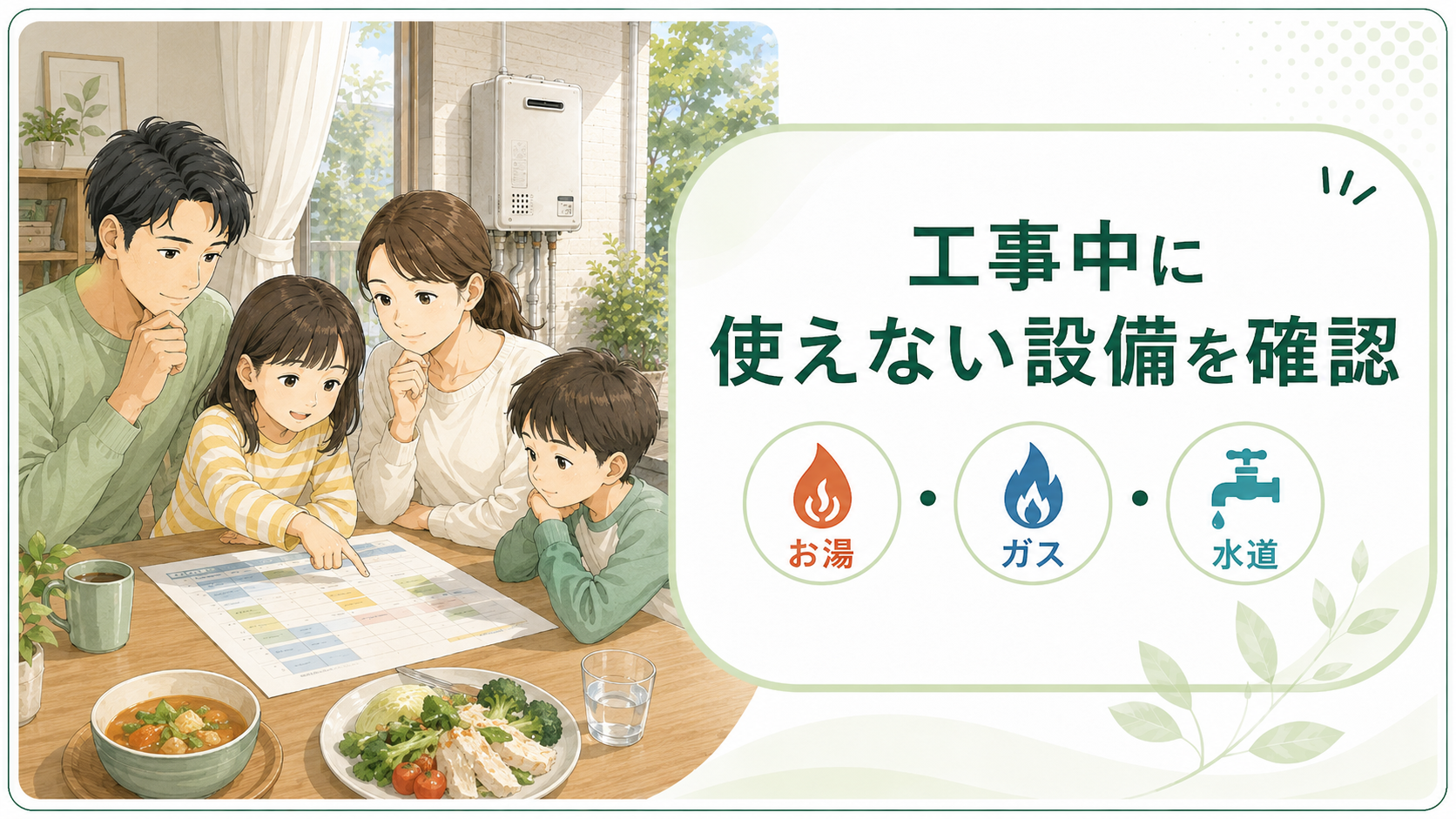 給湯器工事中に使えないお湯やガスや水道を確認する家族