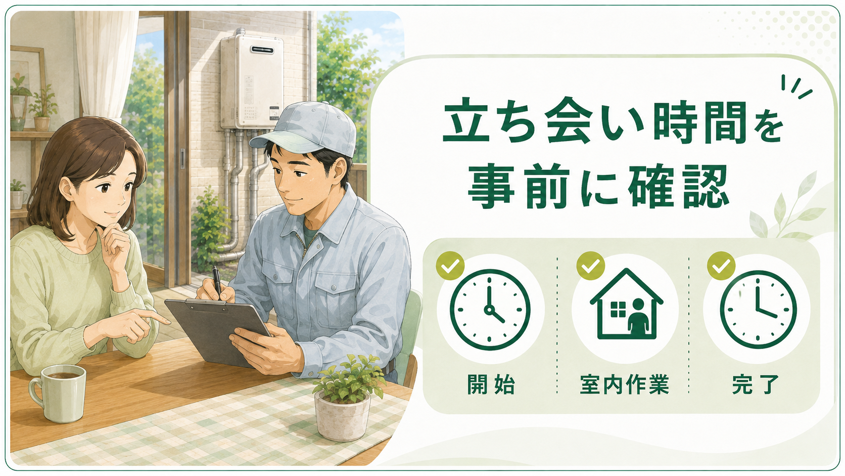 給湯器交換工事の開始から完了までの立ち会い時間を確認する場面
