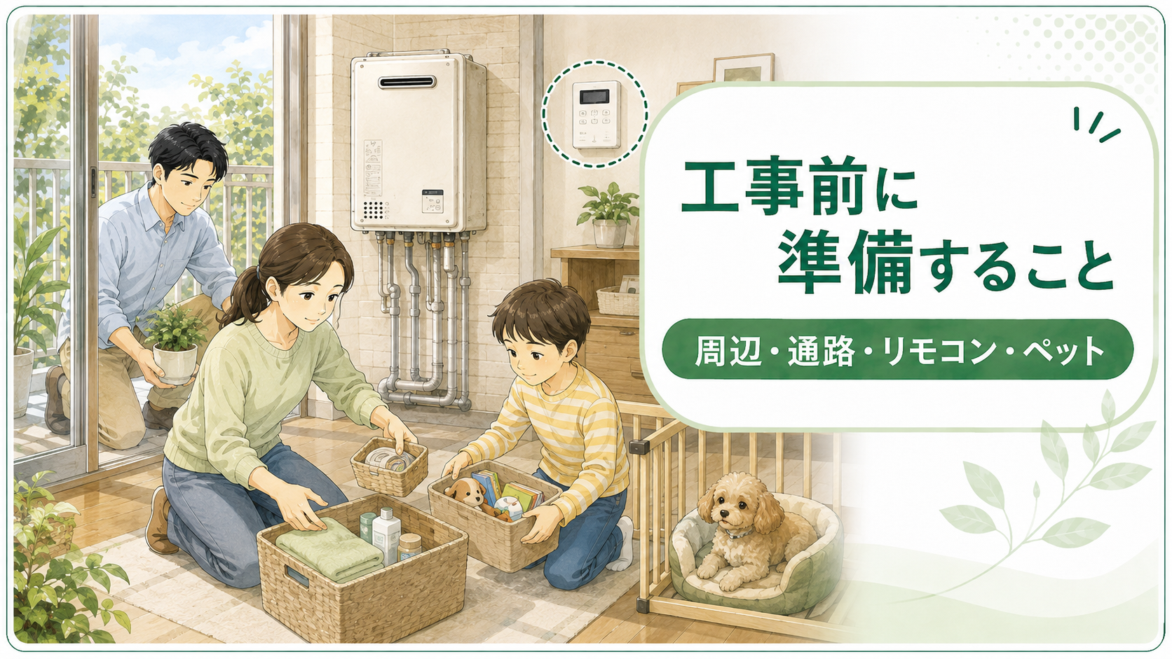 給湯器交換前に周辺や通路やリモコンやペットの準備をする家族