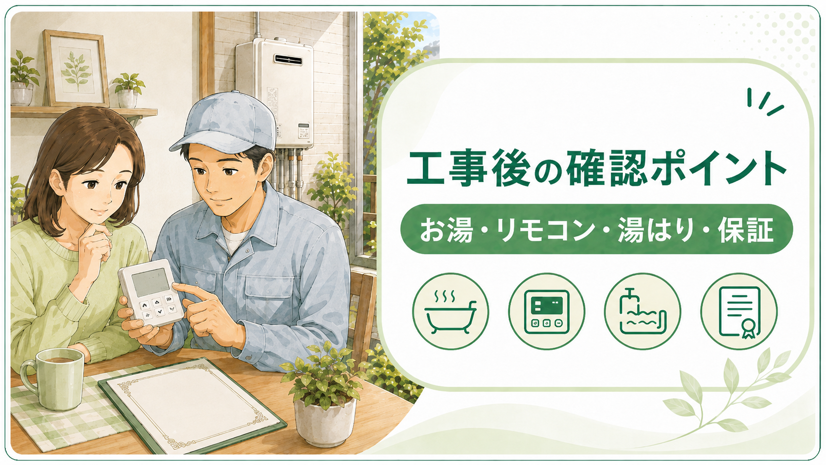 給湯器工事後にお湯やリモコンや湯はりや保証を確認する場面