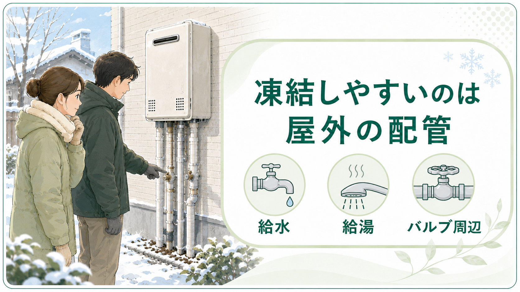 冬の屋外給湯器で凍結しやすい給水給湯配管とバルブ周辺