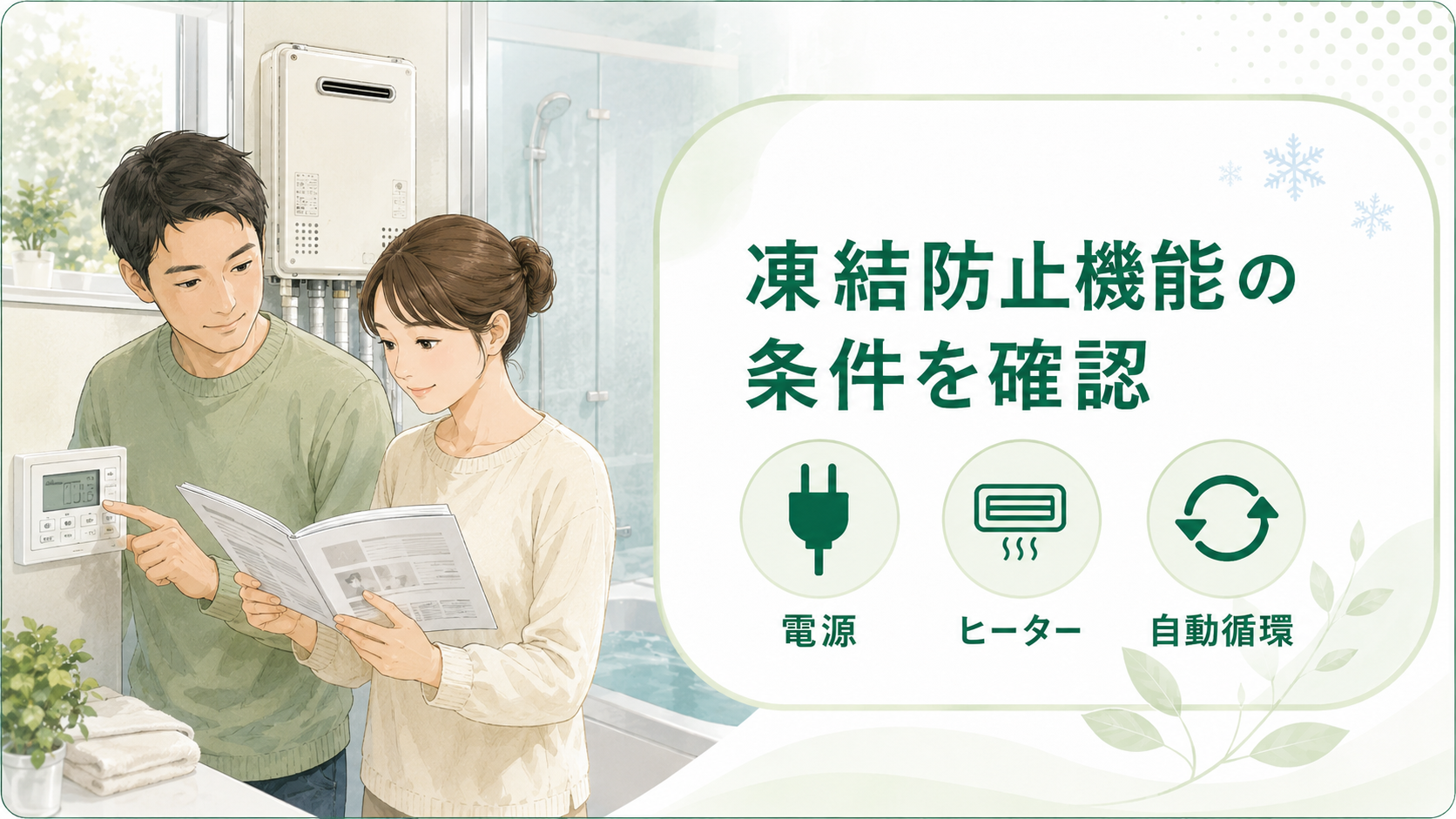 給湯器の凍結防止機能に必要な電源ヒーター自動循環を確認する夫婦