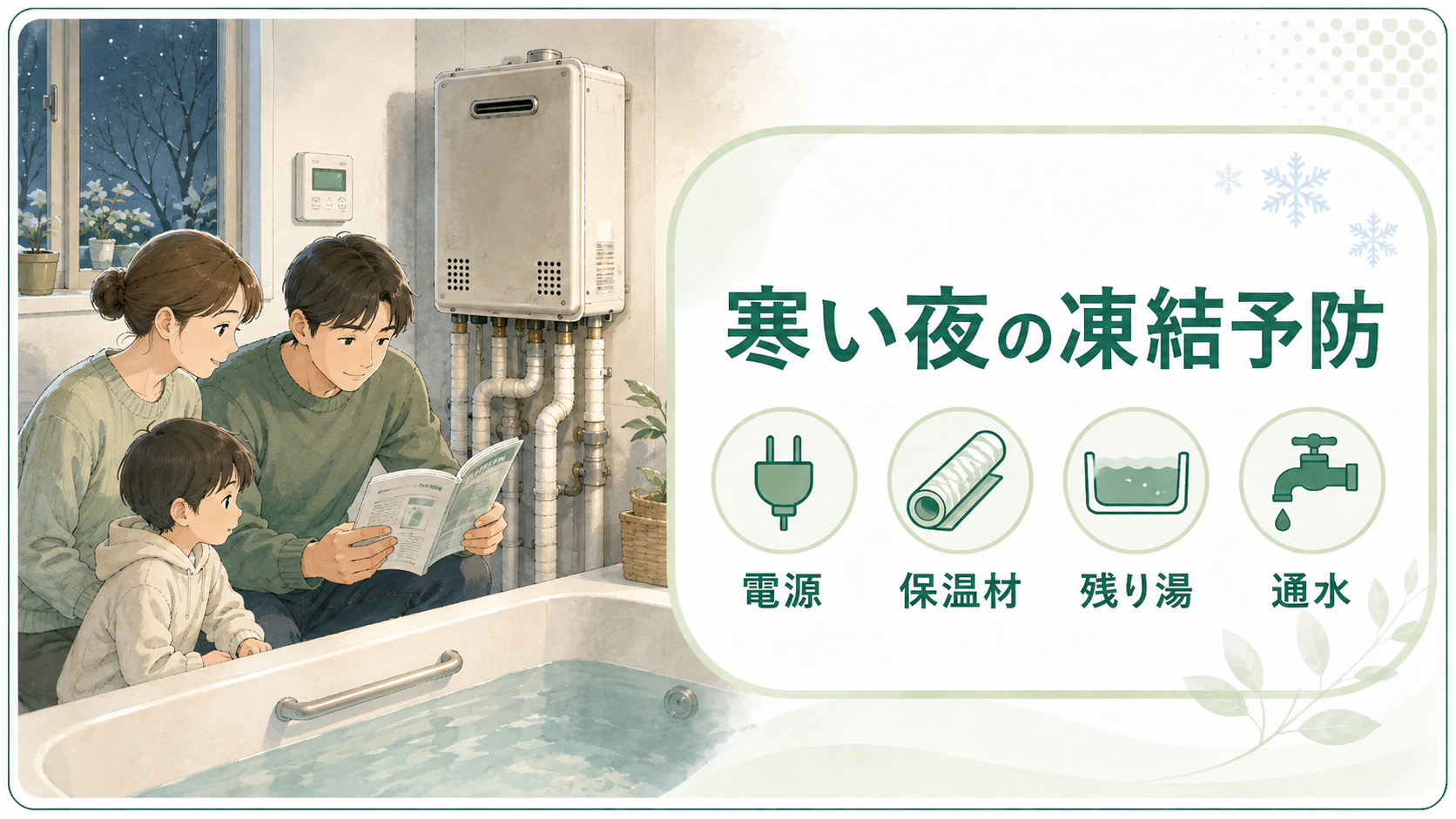 寒い夜に電源保温材残り湯通水を確認して給湯器の凍結を予防する家族