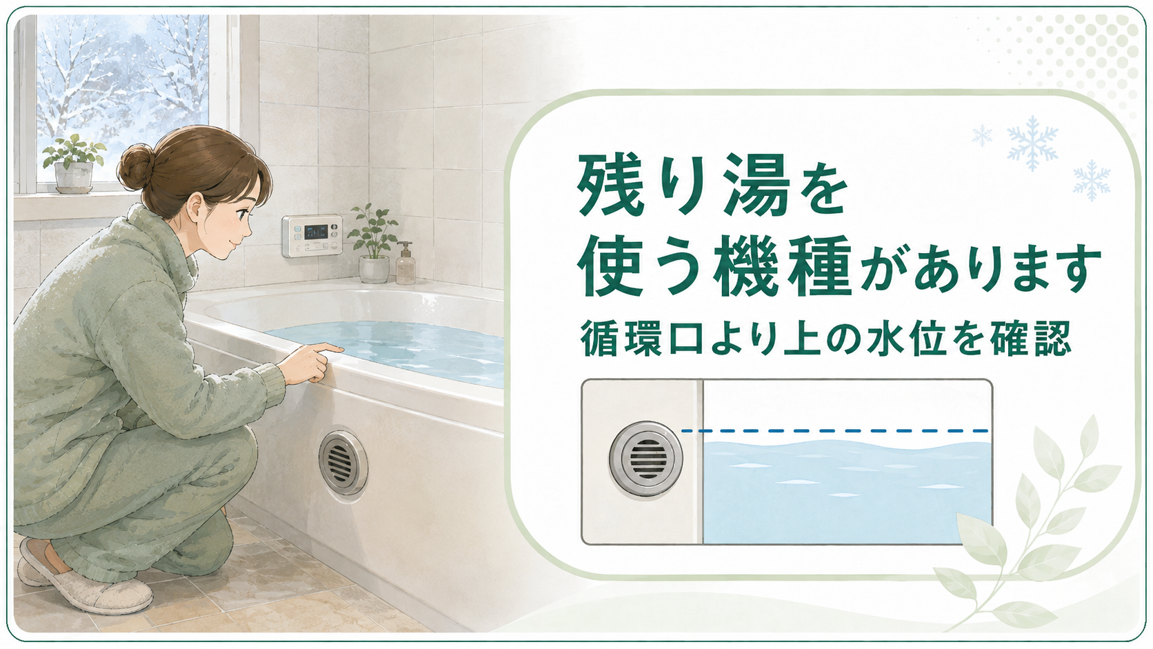 給湯器の凍結防止のため浴槽の循環口より上に残り湯があるか確認する場面