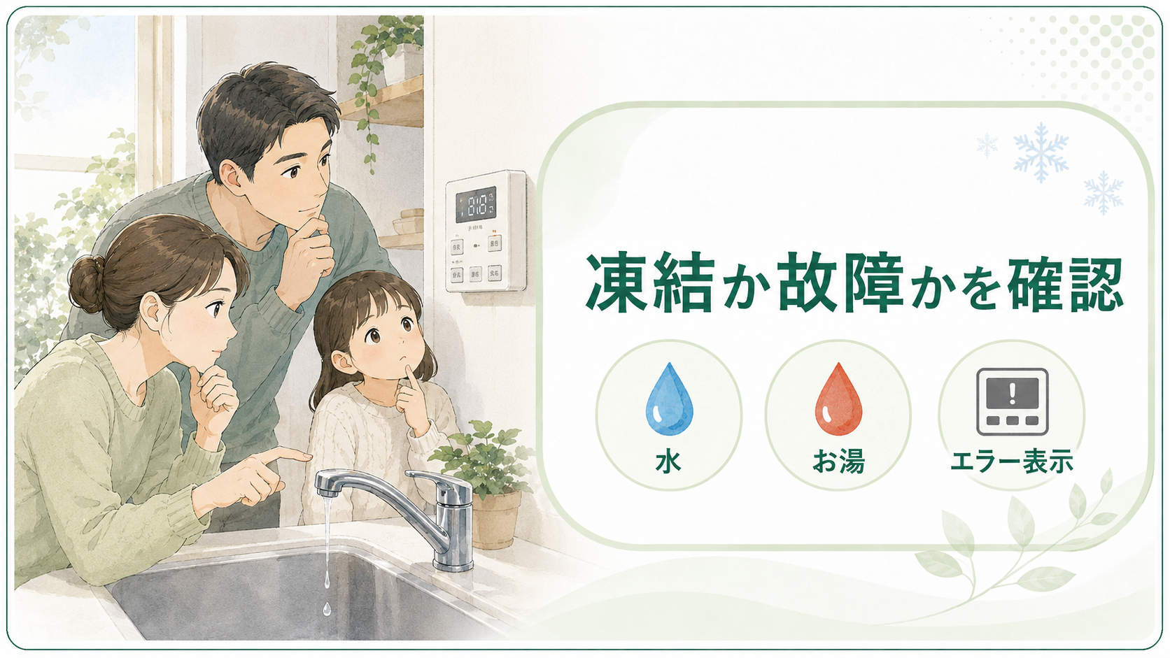 水とお湯とエラー表示を確認して給湯器の凍結か故障かを判断する家族