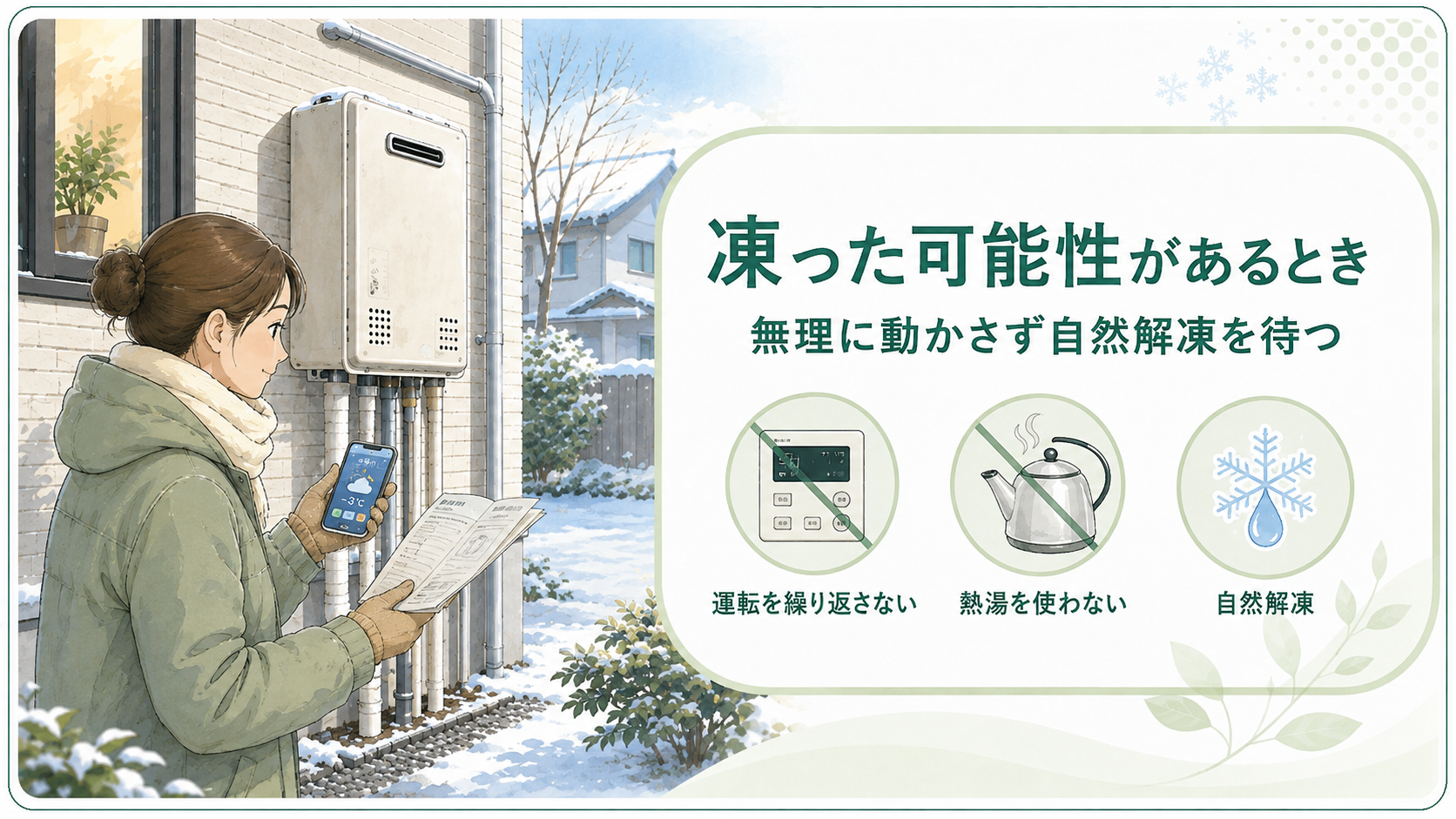 給湯器が凍った可能性があるときに運転や熱湯を避け自然解凍を待つ場面