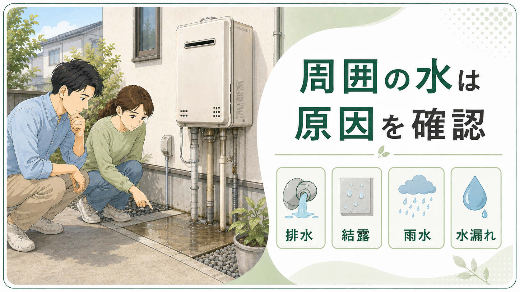 給湯器周囲の水が排水結露雨水水漏れのどれかを確認する夫婦
