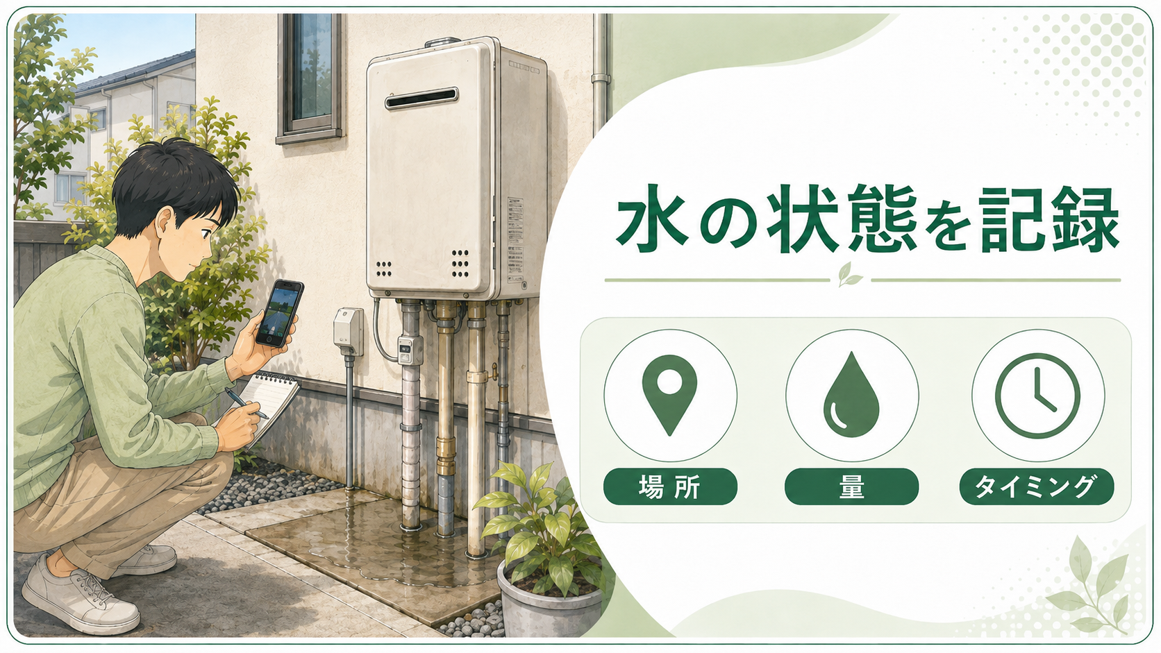 給湯器周辺の水の場所量タイミングを写真とメモで記録する住まい手