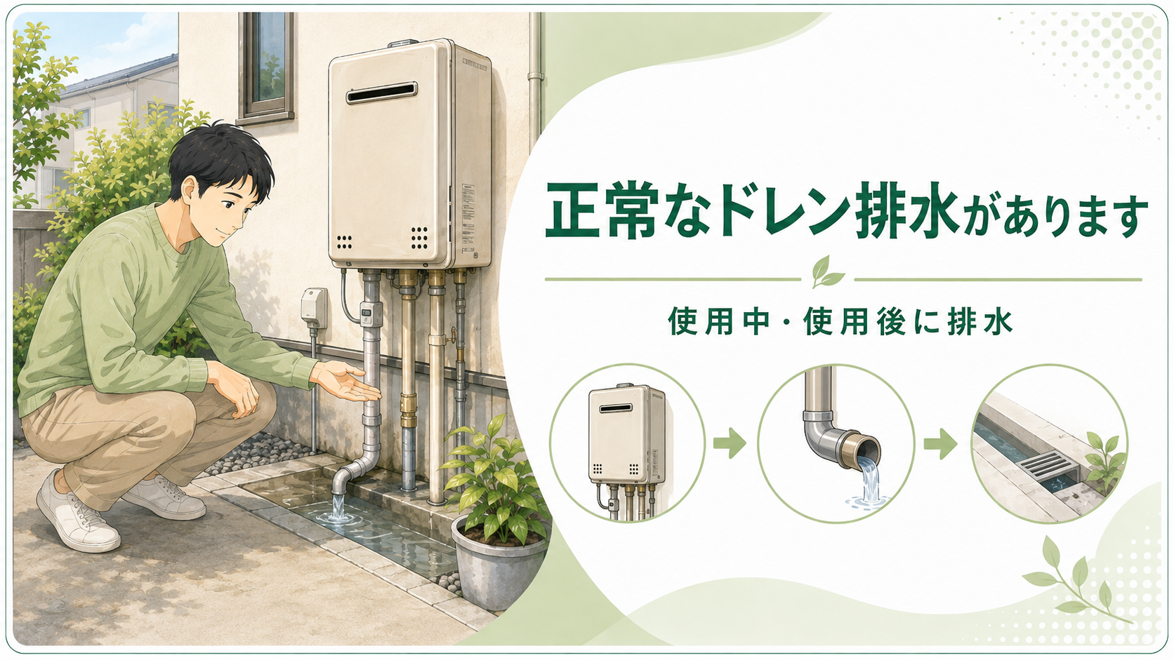 エコジョーズの給湯器からドレン配管を通って排水される流れ