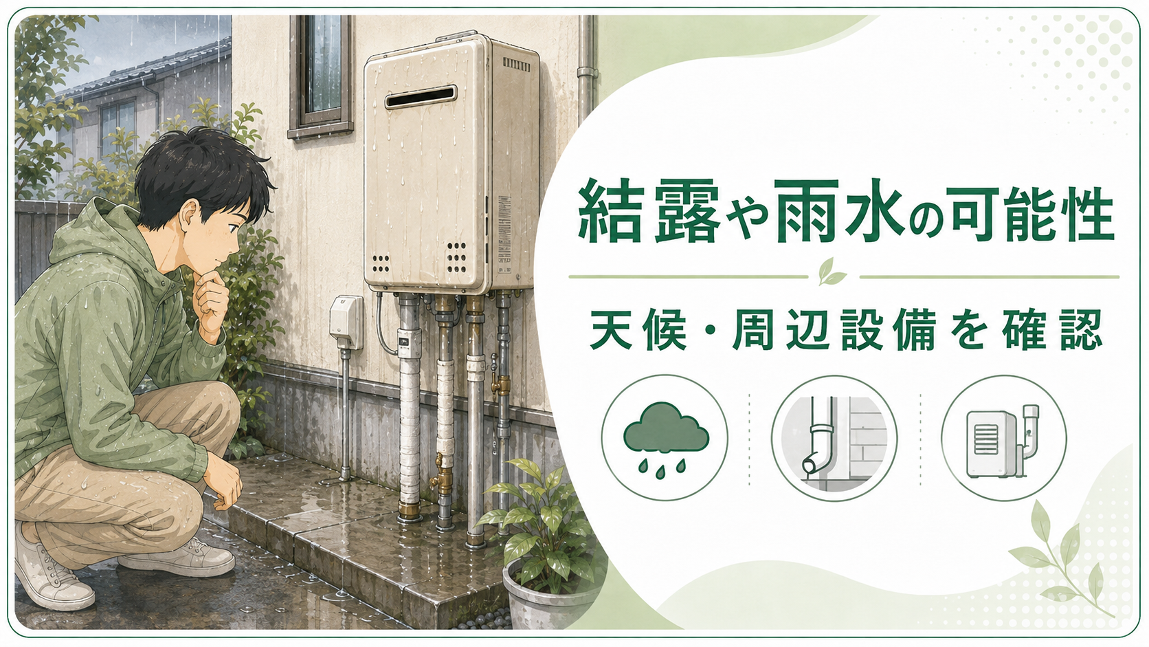 雨上がりの給湯器周辺で結露雨水周辺設備を確認する住まい手