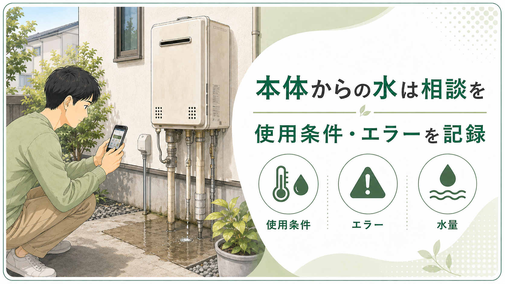 給湯器本体からの水について使用条件エラー水量を記録する住まい手