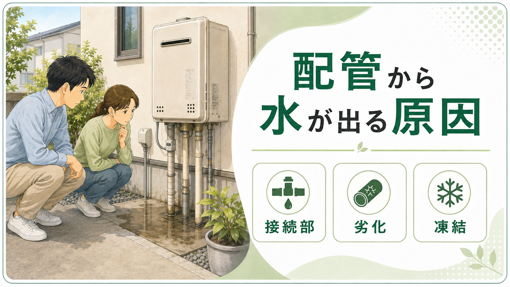 給湯器下部の配管から水が出る接続部劣化凍結の原因を確認する夫婦