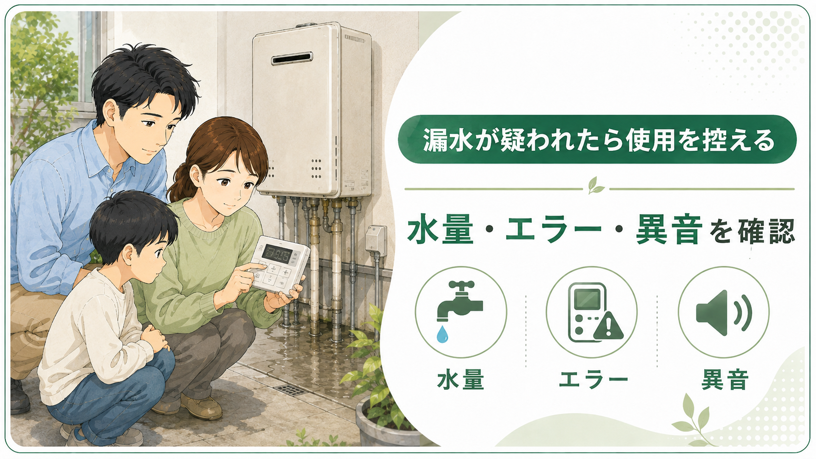 給湯器の漏水が疑われ水量エラー異音を確認して使用を控える家族